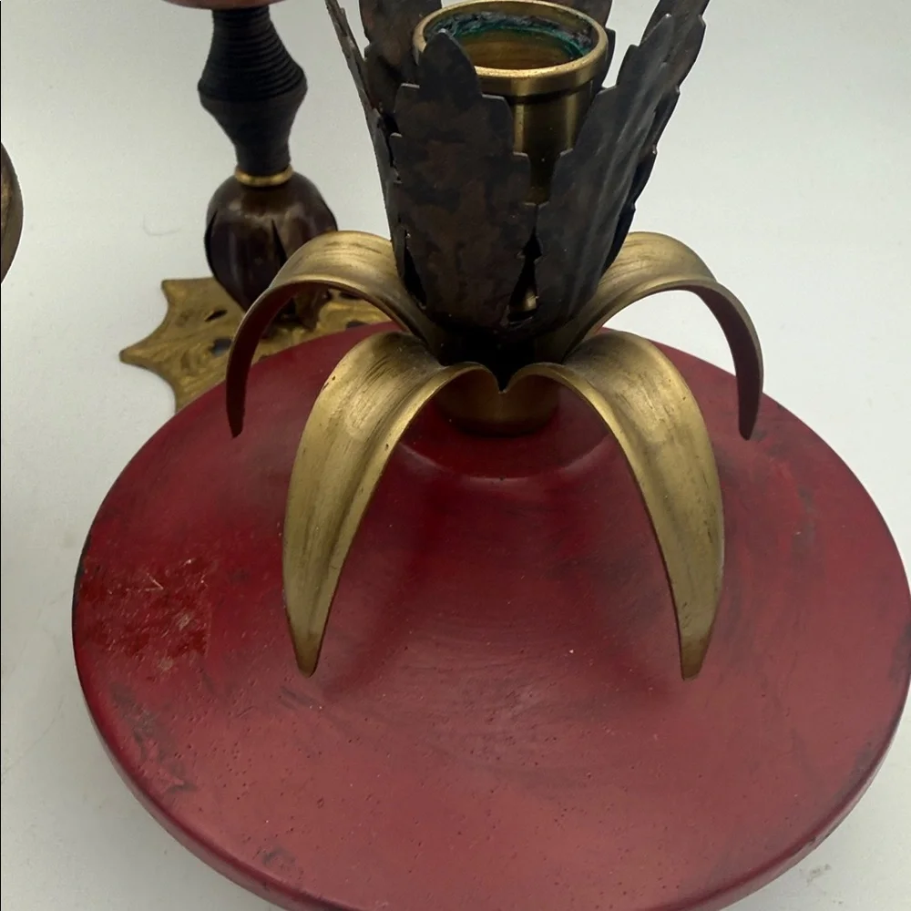 Set of 3 brass mixed metal bohemian chic candle stick holders 11”, 8.5” and 7”